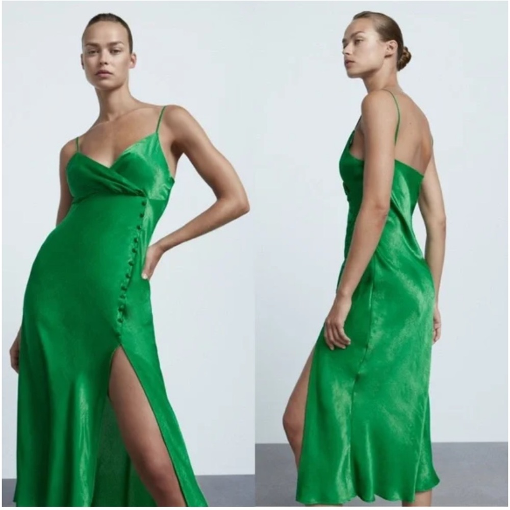 Zara Satin Effect Slip Dress Small Green